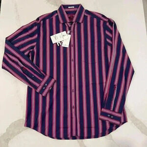 Bugatchi Uomo NWT Blue Pink Striped Dress Button Down Shirt Shaped Fit Men Large
